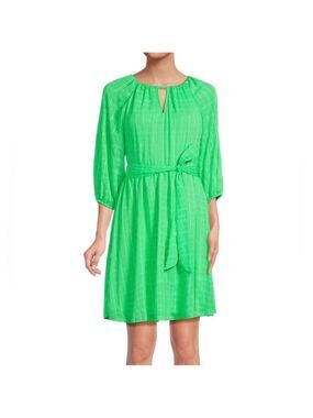 DKNY Green Metallic Check Keyhole Balloon Sleeve Belted Dress Small EUC